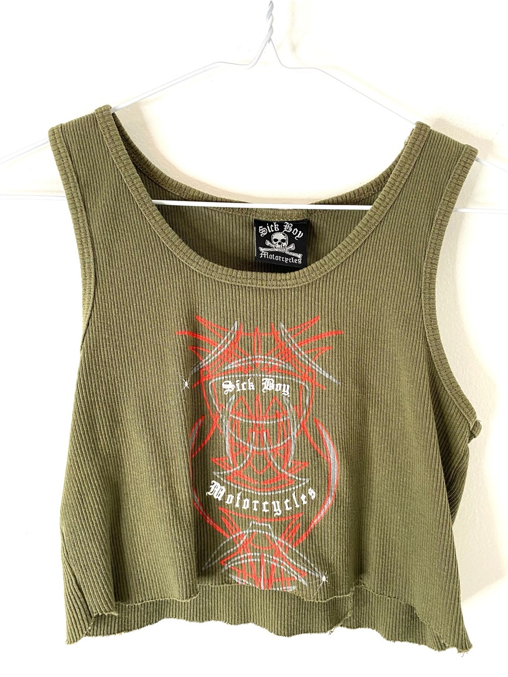 Sick Boy Motorcycles Olive Ribbed Crop Tank Distressed Logo